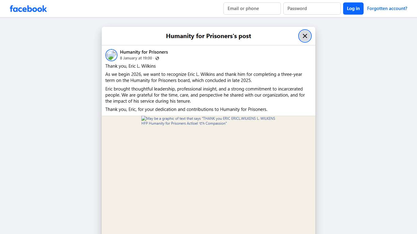 Thank you, Eric L. Wilkins As we... - Humanity for Prisoners Facebook